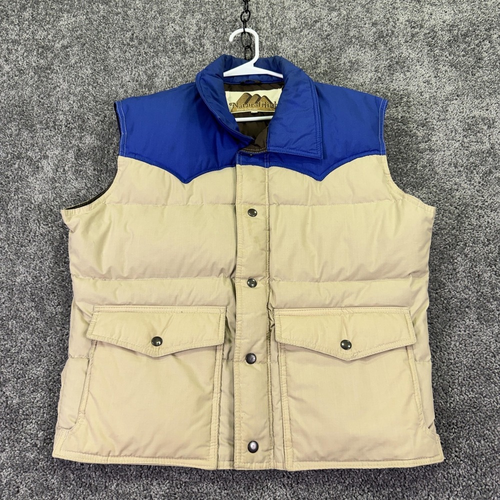 Vtg Natural High Vest Mens Large Beige Blue Down Puffer Snap Western Outdoor
